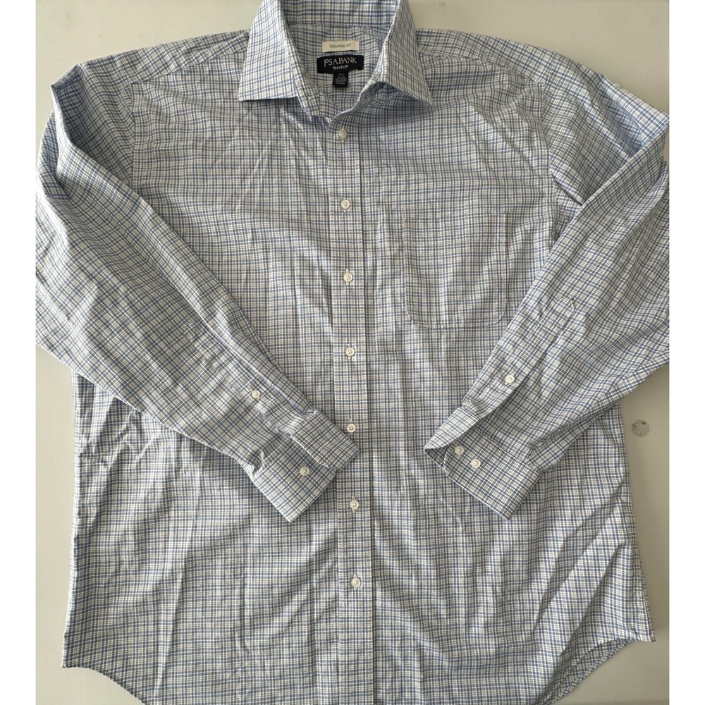 Jos. A. Bank Traveler Tailored Fit Blue Plaid Button Down Shirt 17.5 34/35